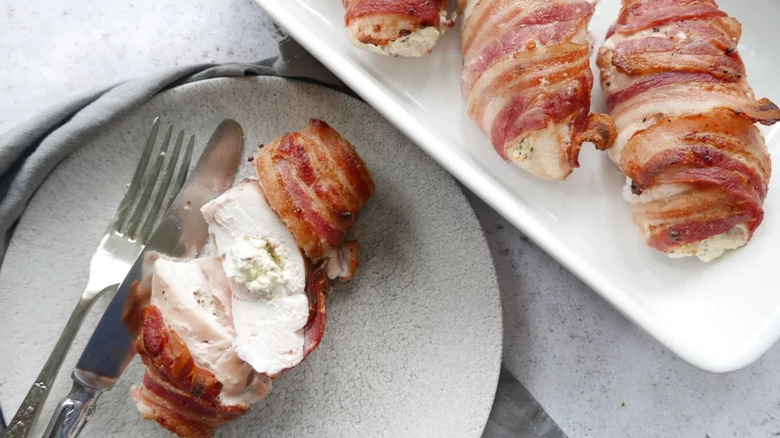 Stuffed chicken wrapped in bacon