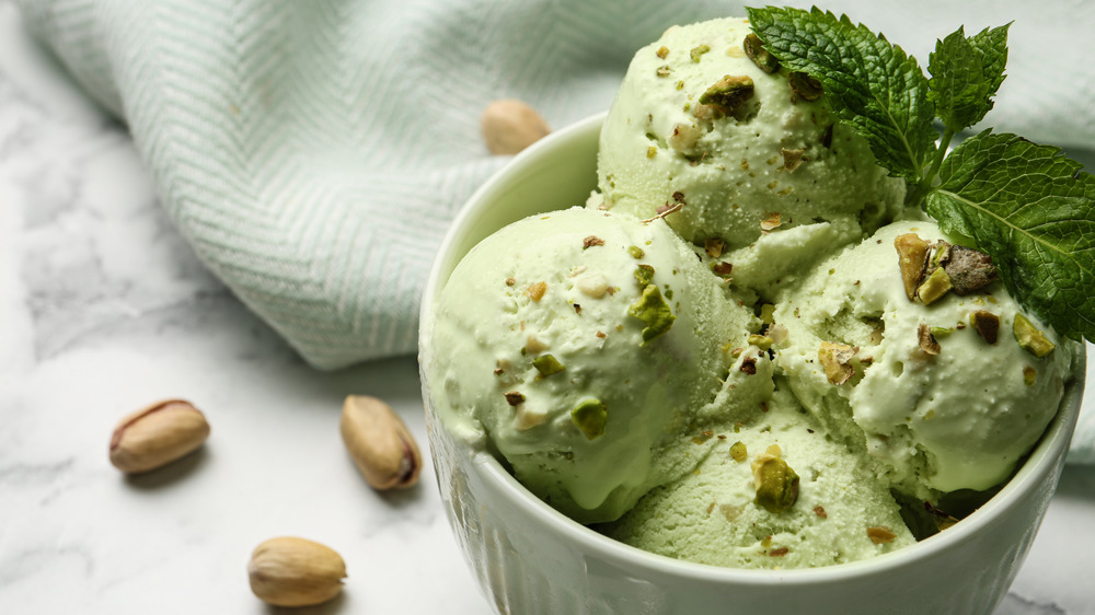 Pistachio ice cream in a bowl