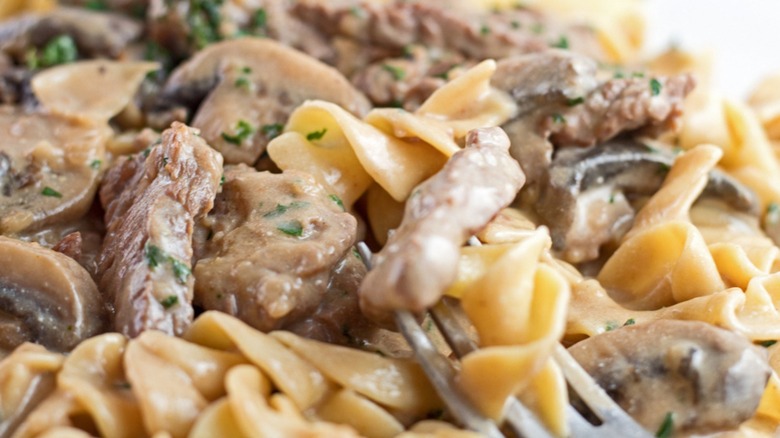 Close-up of beef stroganoff