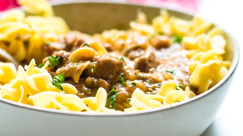 Beef tips and noodles