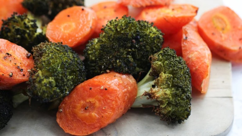 Close-up of roasted broccoli and carrots