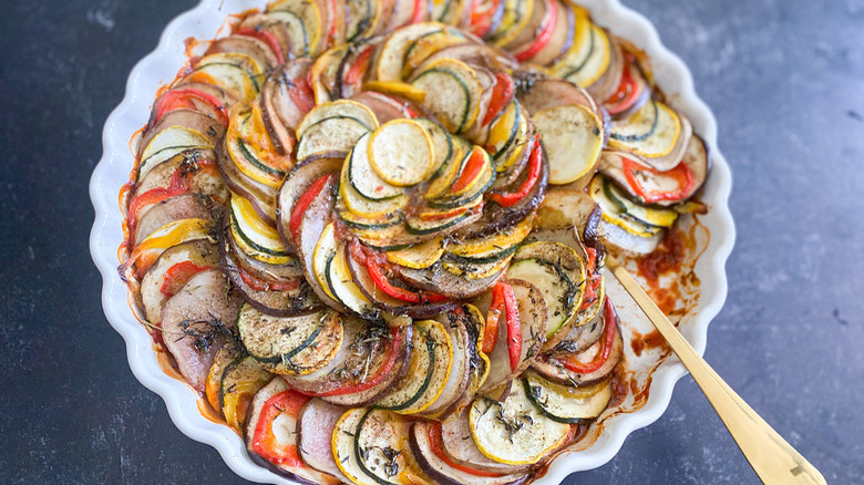 spiral-patterned ratatouille in dish