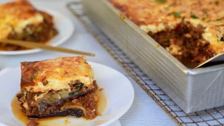 moussaka on white plate