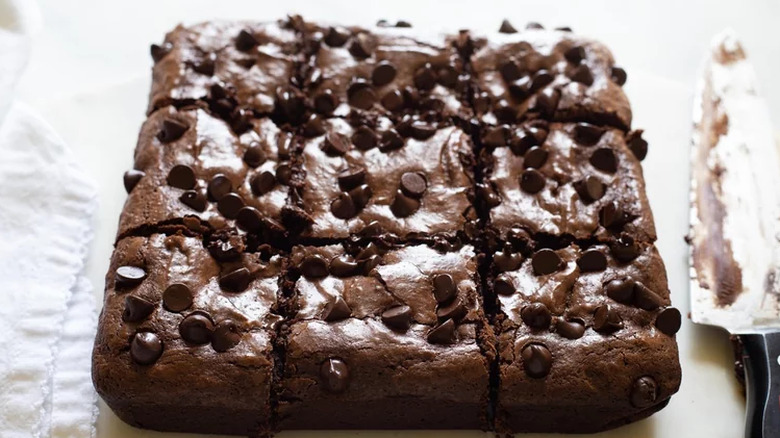 Chocolate chip topped pan of 9 brownie squares.