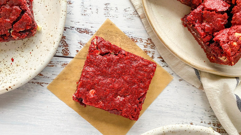 Square red velvet brownie with white chocolate chips