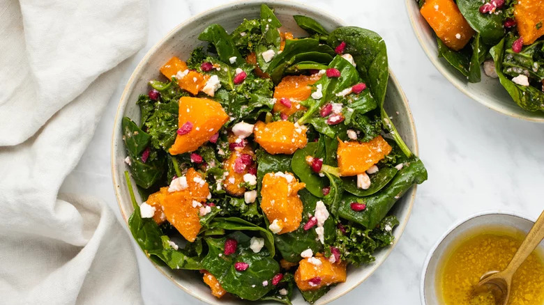 Squash, pomegranate and feta salad and dressing