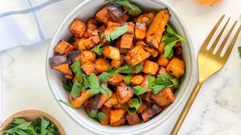 Bowl of roasted sweet potatoes