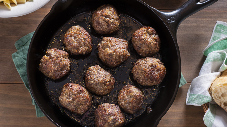 meatballs in an iron skillet