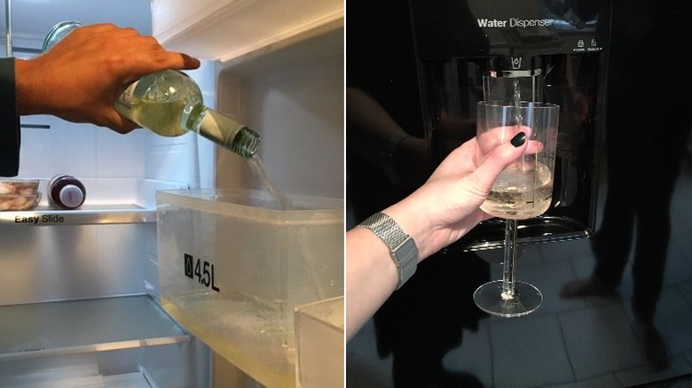 wine poured into water dispenser and glass of wine