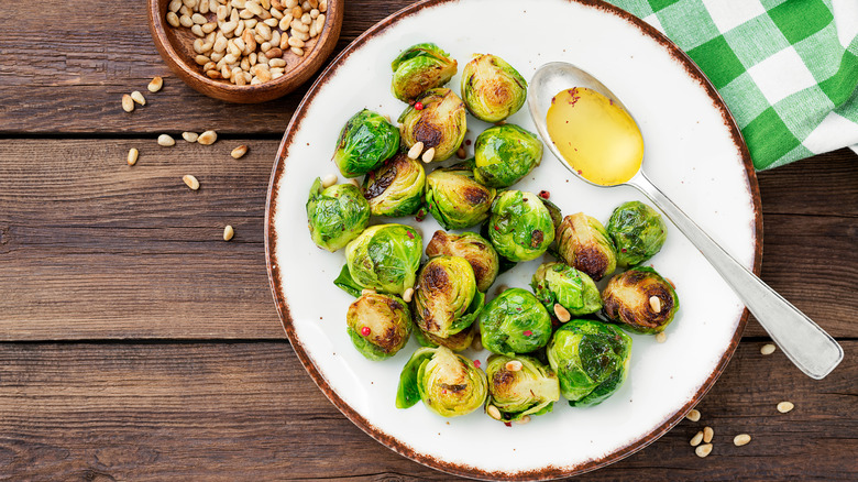Dish of Brussels sprouts on table