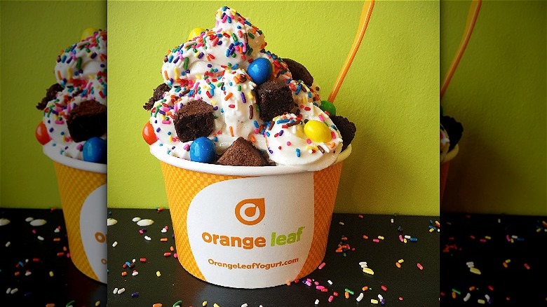 Orange Leaf frozen yogurt cup