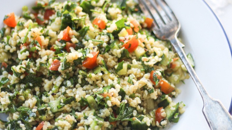 tabbouleh with fork on plate