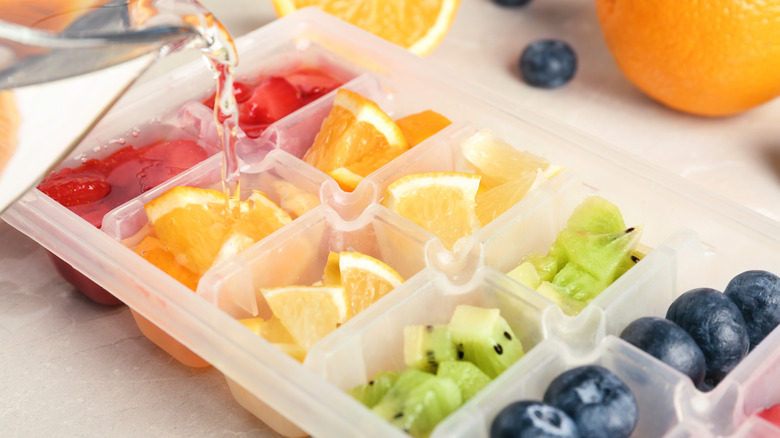 fruit in ice cubes and water jug