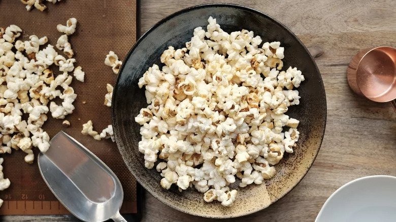 popcorn in brown bowl