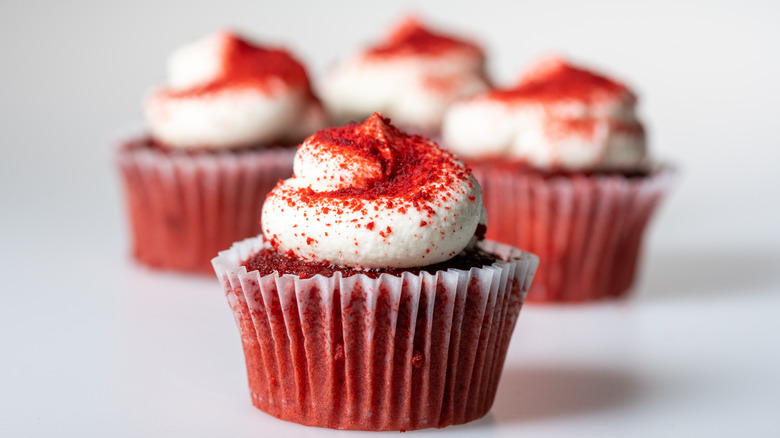 Several red velvet cupcakes 