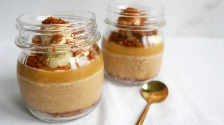 vanilla salted caramel budino in jars with spoon