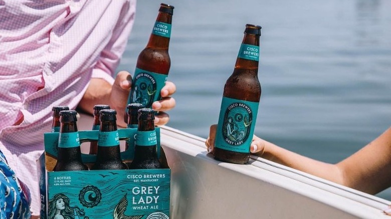 Cisco Brewers Grey Lady beer bottles boat water