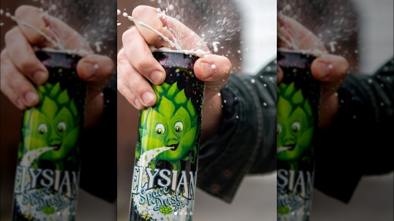 Elysian Space Dust IPA beer can hand opening spray