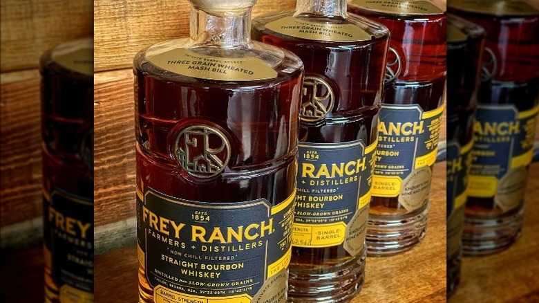 three bottles of Frey Ranch Single Barrel Straight Bourbon Whiskey 