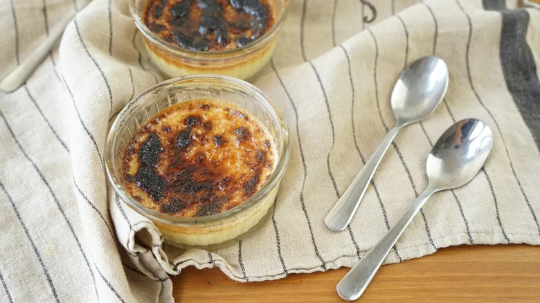 Burnt sugar over crème brulee in ramekin