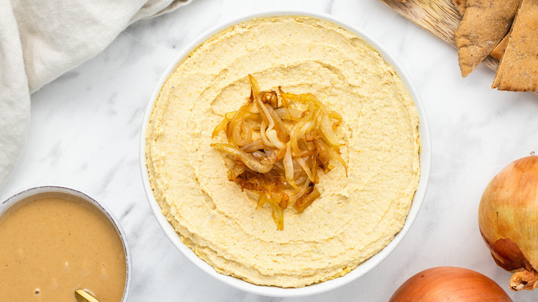 bowl of caramelized onion hummus