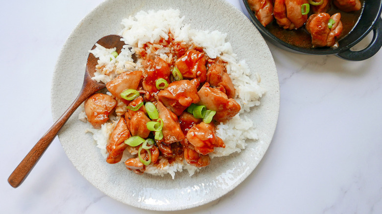 Bourbon chicken over rice