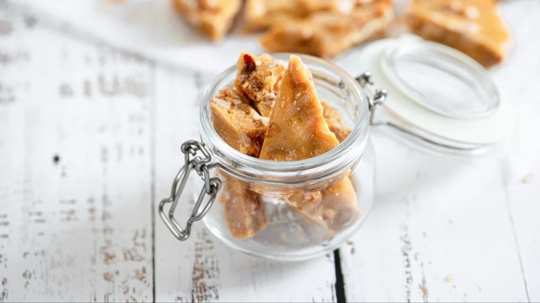 Jar of homemade peanut brittle