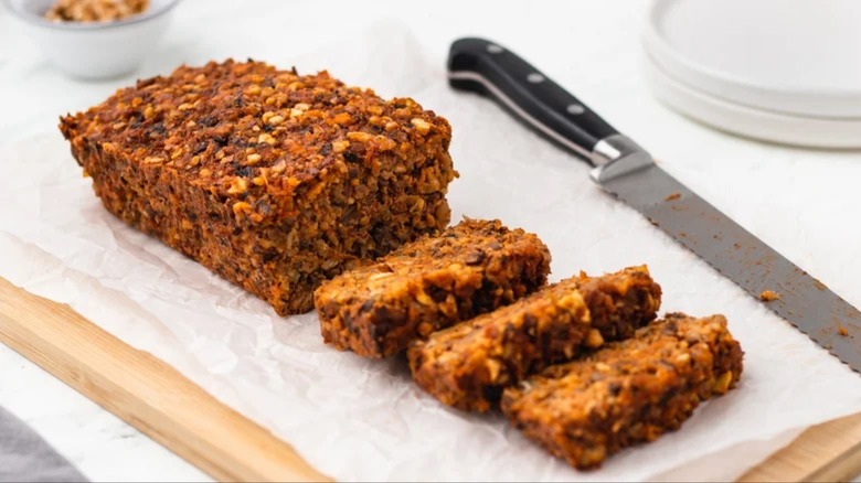 Sliced mushroom and nut meatloaf