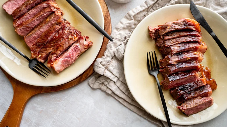 Sliced medium-rare steak