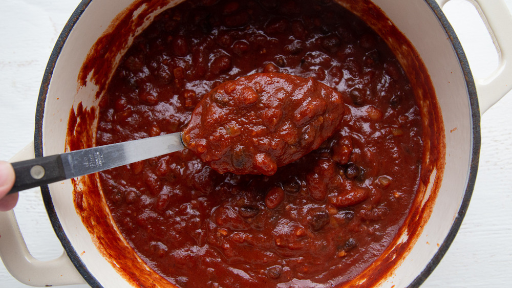 3-bean vegetarian chili ingredients cooking together