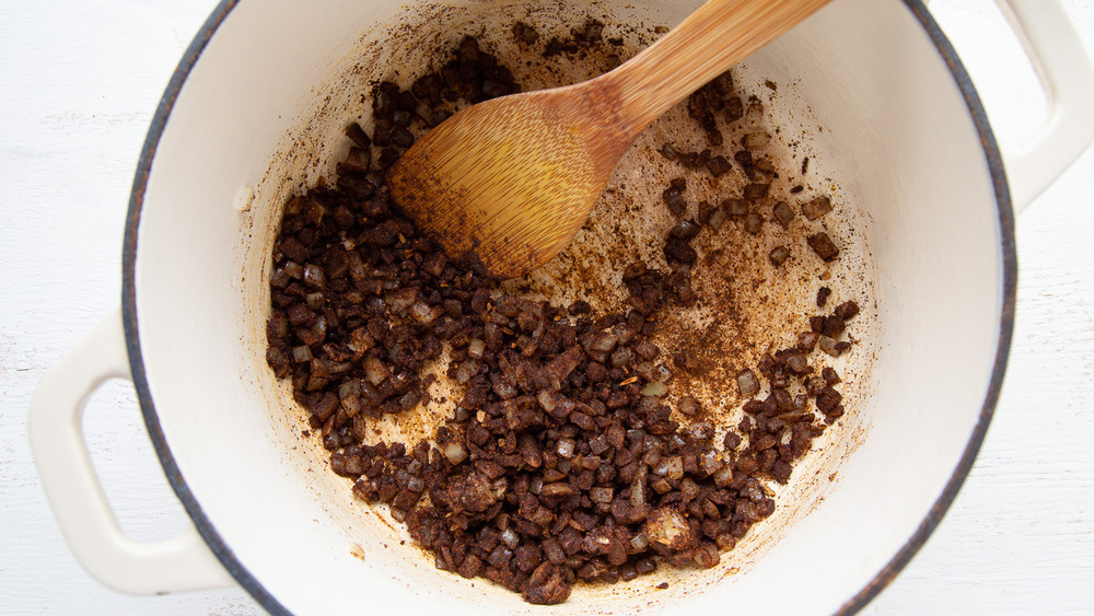 Cooking onion and spices for 3-bean vegetarian chili
