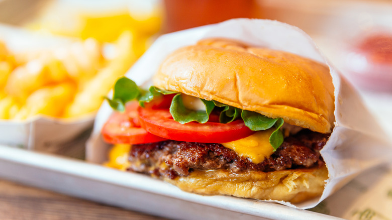 Fast food cheeseburger with fries