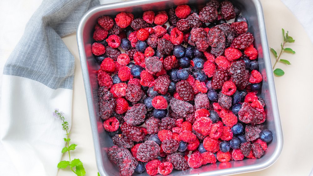 mixed berries in pan for 3-ingredient berry cobbler