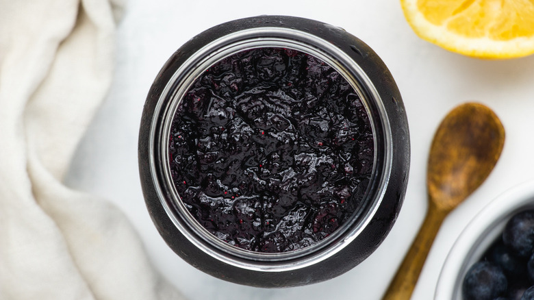 blueberry jam in glass jar