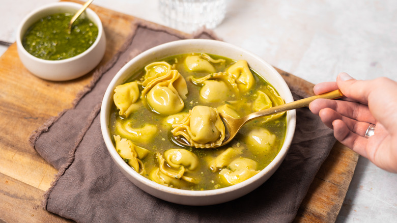 spoonful of tortellini soup