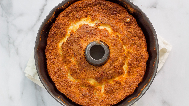 Baked angel food cake in a Bundt cake pan