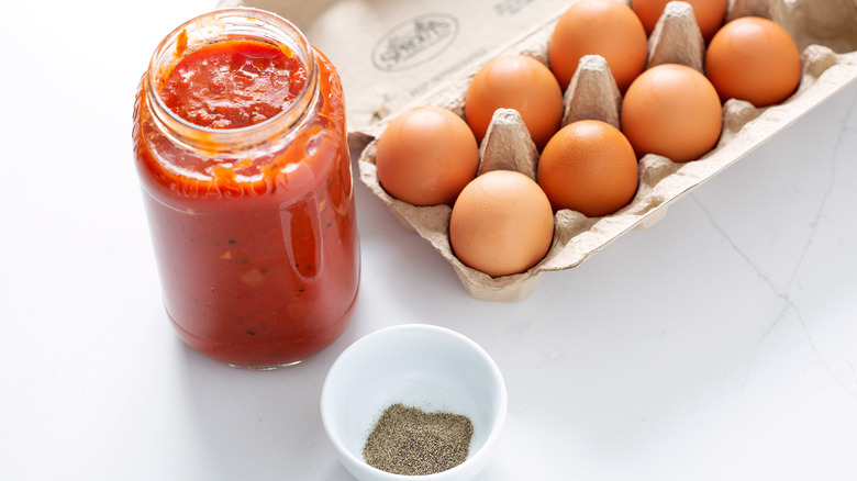 pasta sauce, eggs, black pepper