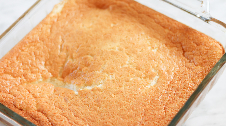 magic cake baked in glass square dish