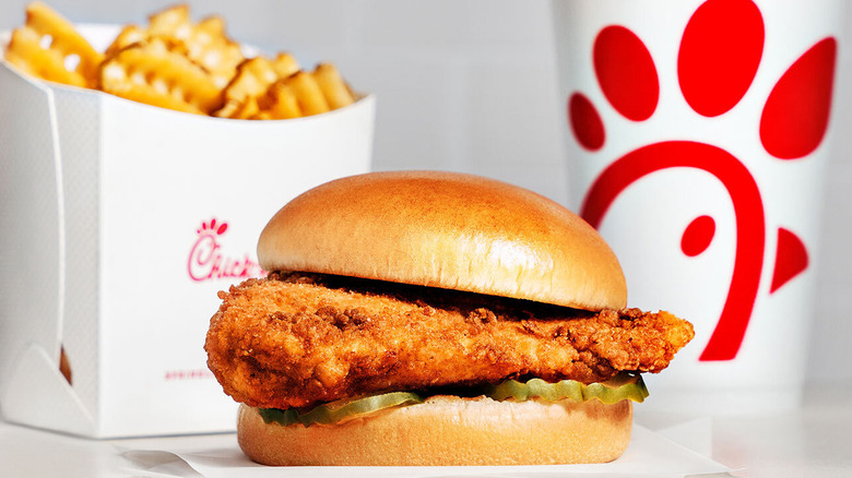 Chick-fil-A chicken sandwich with waffle fries and drink