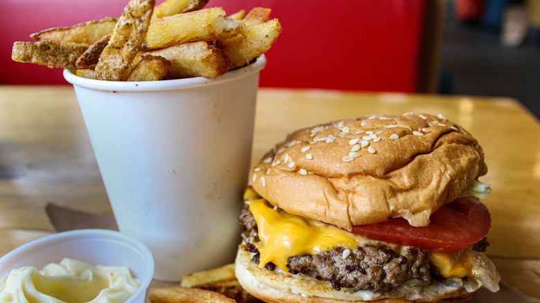 Five Guys cheese burger with fries