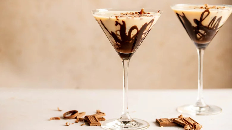 2 Chocolate martinis garnished with shaved chocolate