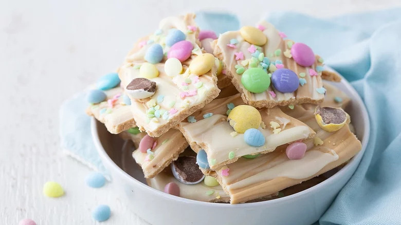 Easter bark with M&Ms and sprinkles on top