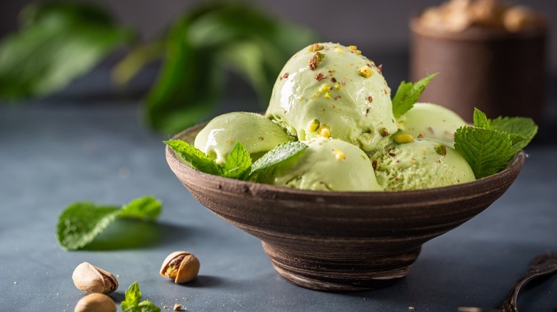 bowl of pistachio ice cream