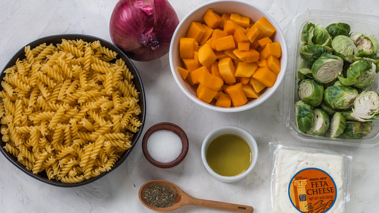 Ingredients for feta vegetable pasta