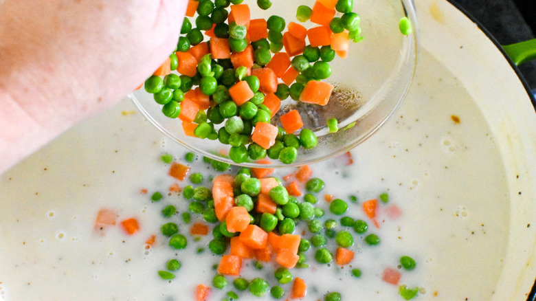 vegetables pouring into pan