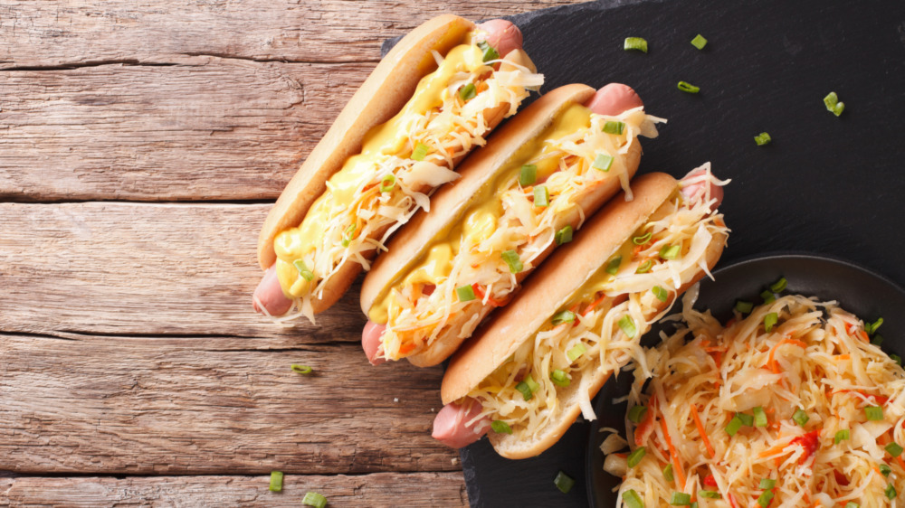 Hot dogs topped with sauerkraut