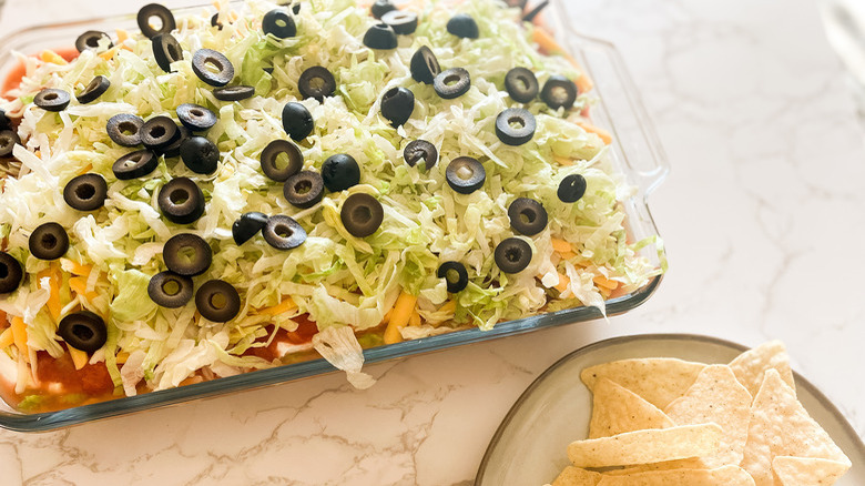 Tray of 7-layer dip with chips