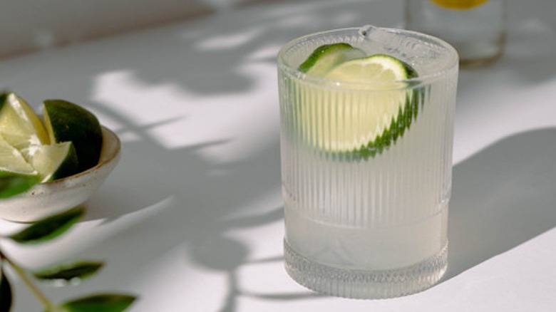 clear beverage with lime garnish