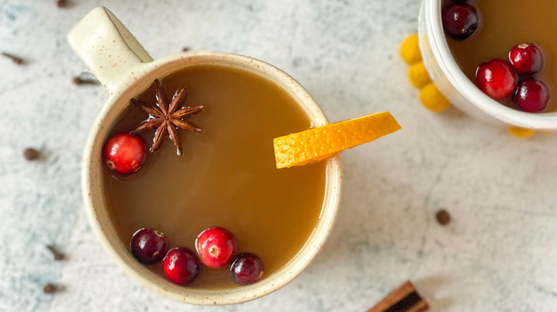 Mug of hot apple cider with cranberries and star anise