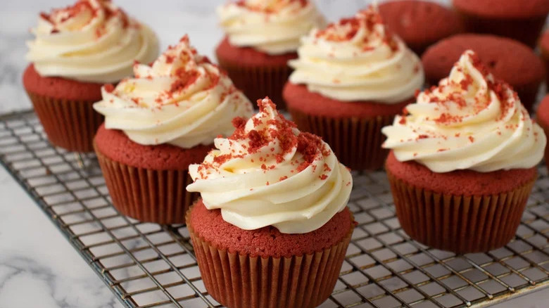 Red velvet cupcakes on rack